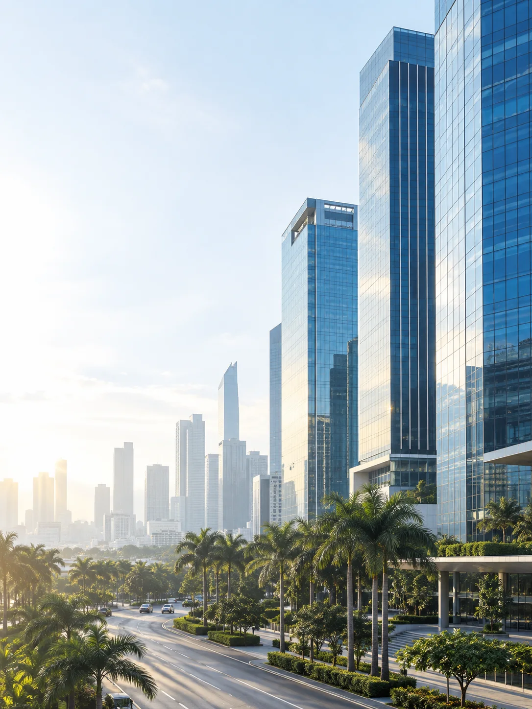 Architectural concept of a modern city with glass towers and tropical landscaping