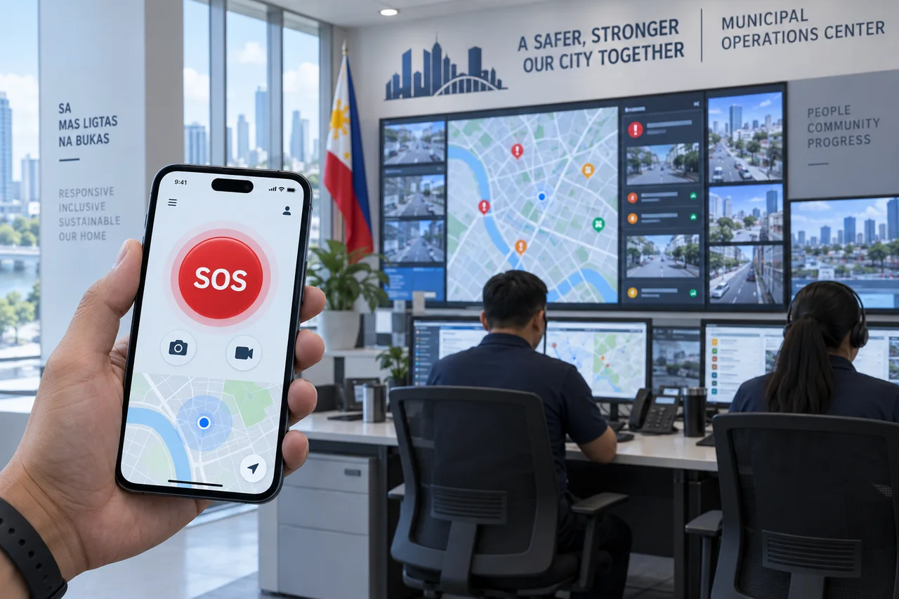 A.I-generated concept of a citizen SOS mobile app connected to a municipal command center