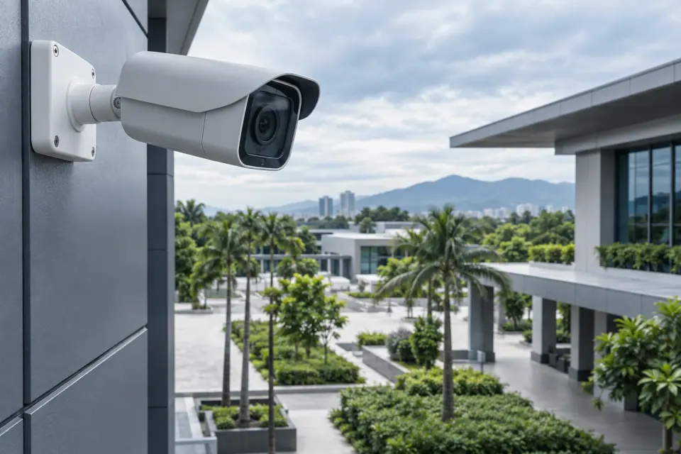 A.I-generated concept: Outdoor surveillance camera overlooking a business campus.