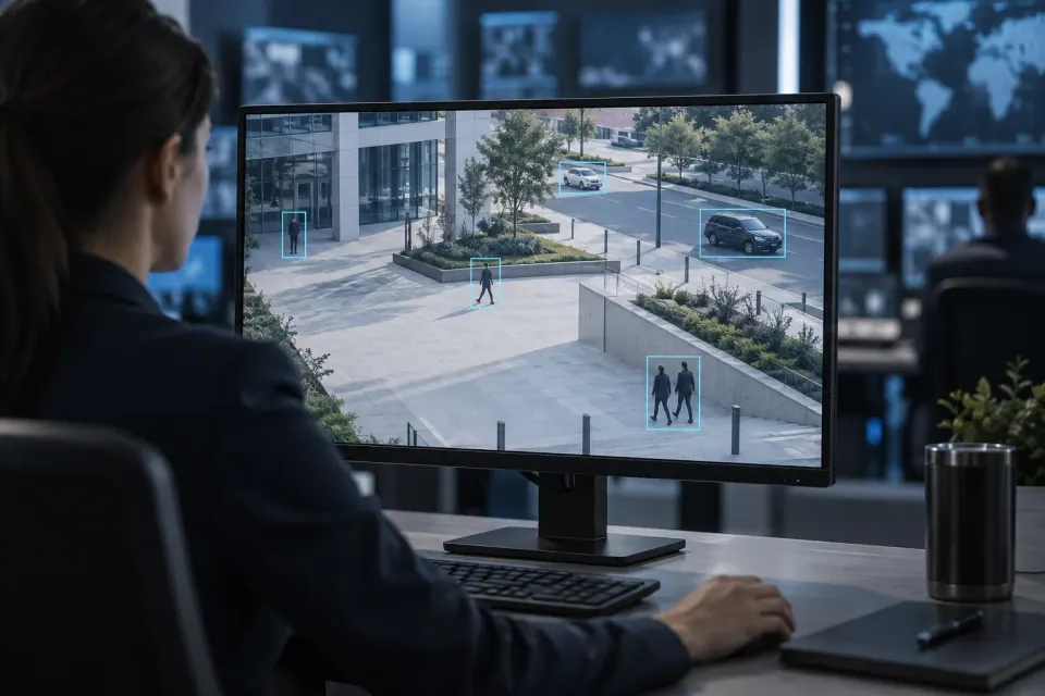 A.I-generated concept: Concept workstation showing video analysis of people and vehicles.