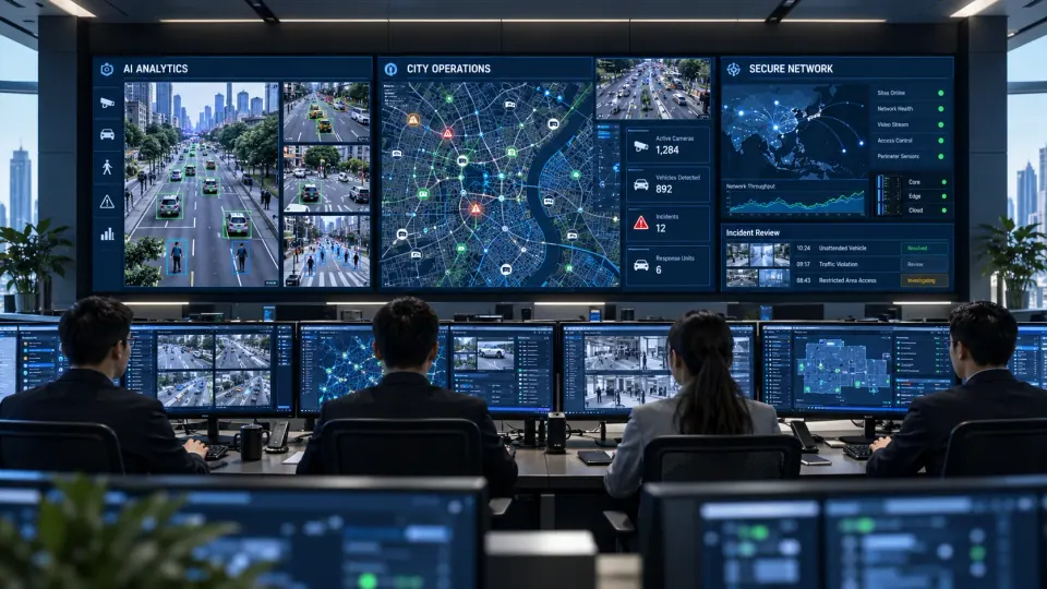 A.I-generated concept: Command center with video monitoring and geographic context.