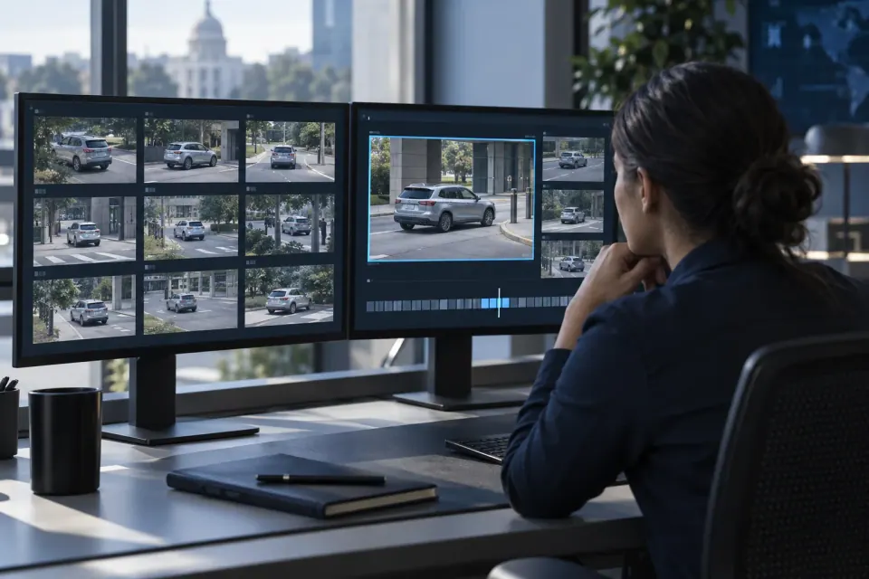 A.I-generated concept: Concept video search workstation with a selected recording among scene thumbnails.