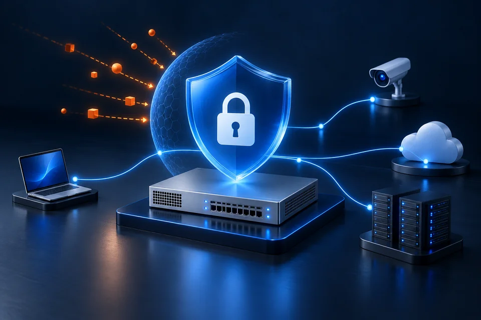 A.I-generated concept: Cybersecurity concept: a firewall and protective shield connecting computers, servers, cloud services and security cameras.