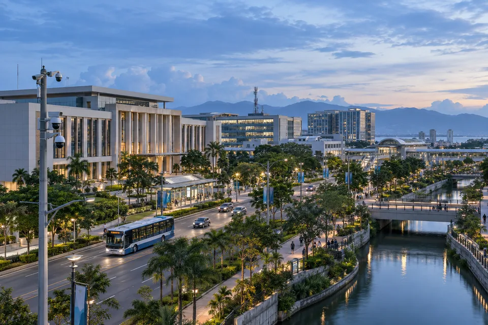 A.I generated concept: Concept civic district with distributed monitoring and connected public infrastructure.