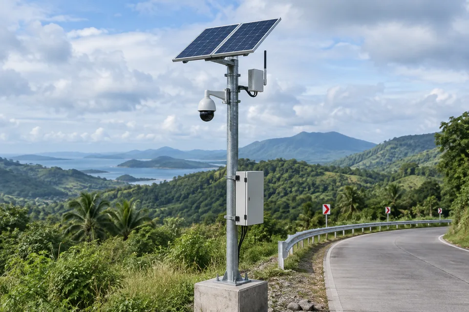 A.I-generated concept: Concept off grid surveillance pole with solar power, battery enclosure and wireless link.
